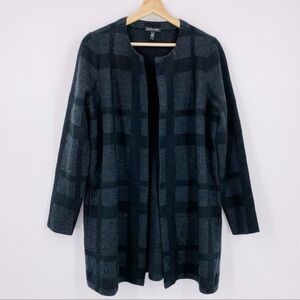 Eileen Fisher Merino Wool Longline Cardigan Shacket Open Front Plaid Coat
